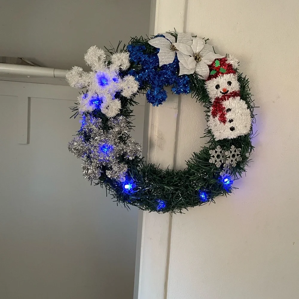 Festive Snowman Wreath with Blue and White Accents